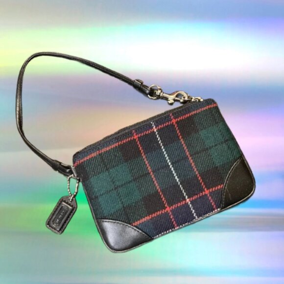 COACH  Small Wool Plaid Wristlet Red Green Navy w Black Leather Trim EUC - Picture 1 of 2